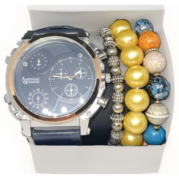 American Exchange Silver Tone Men's Watch Bracelet (4pc Set) 48mm Minimal Sleek - Picture 1 of 9